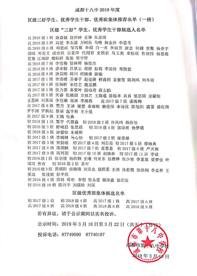 2019年度區(qū)級三好學生、優(yōu)秀學生干部、優(yōu)秀班集體推薦名單